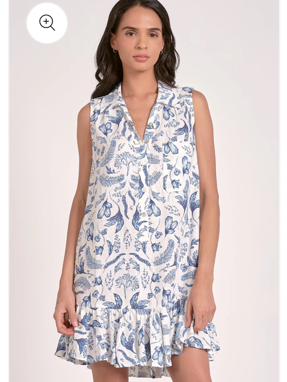 Elan Sleeveless Blue and White Mini Dress with Botanical Print Size Small NWT